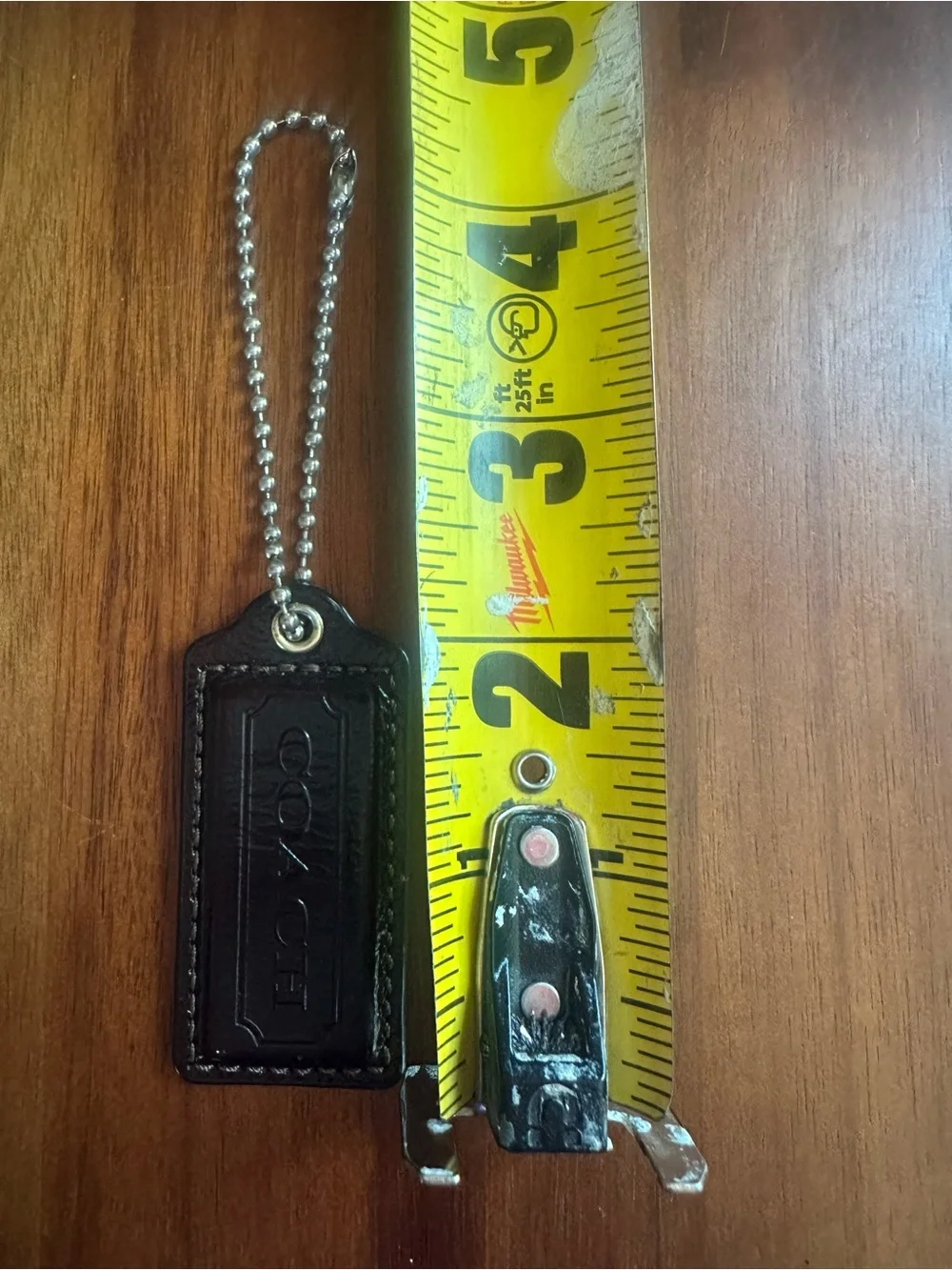 2”COACH Dark Brown Leather Key Tag with Silver Ball Chain